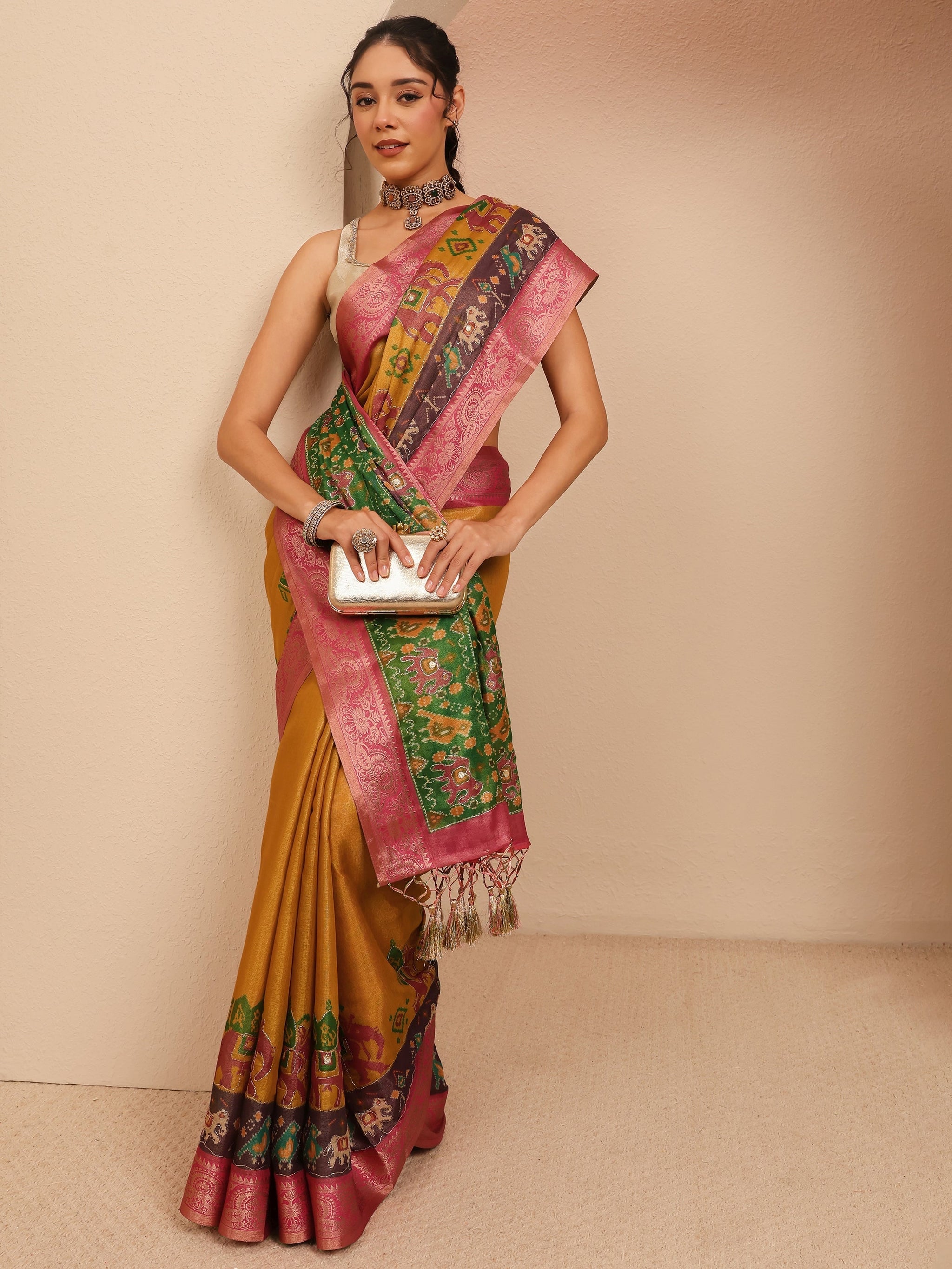 Libas Mustard Patola Border Silk Blend Saree