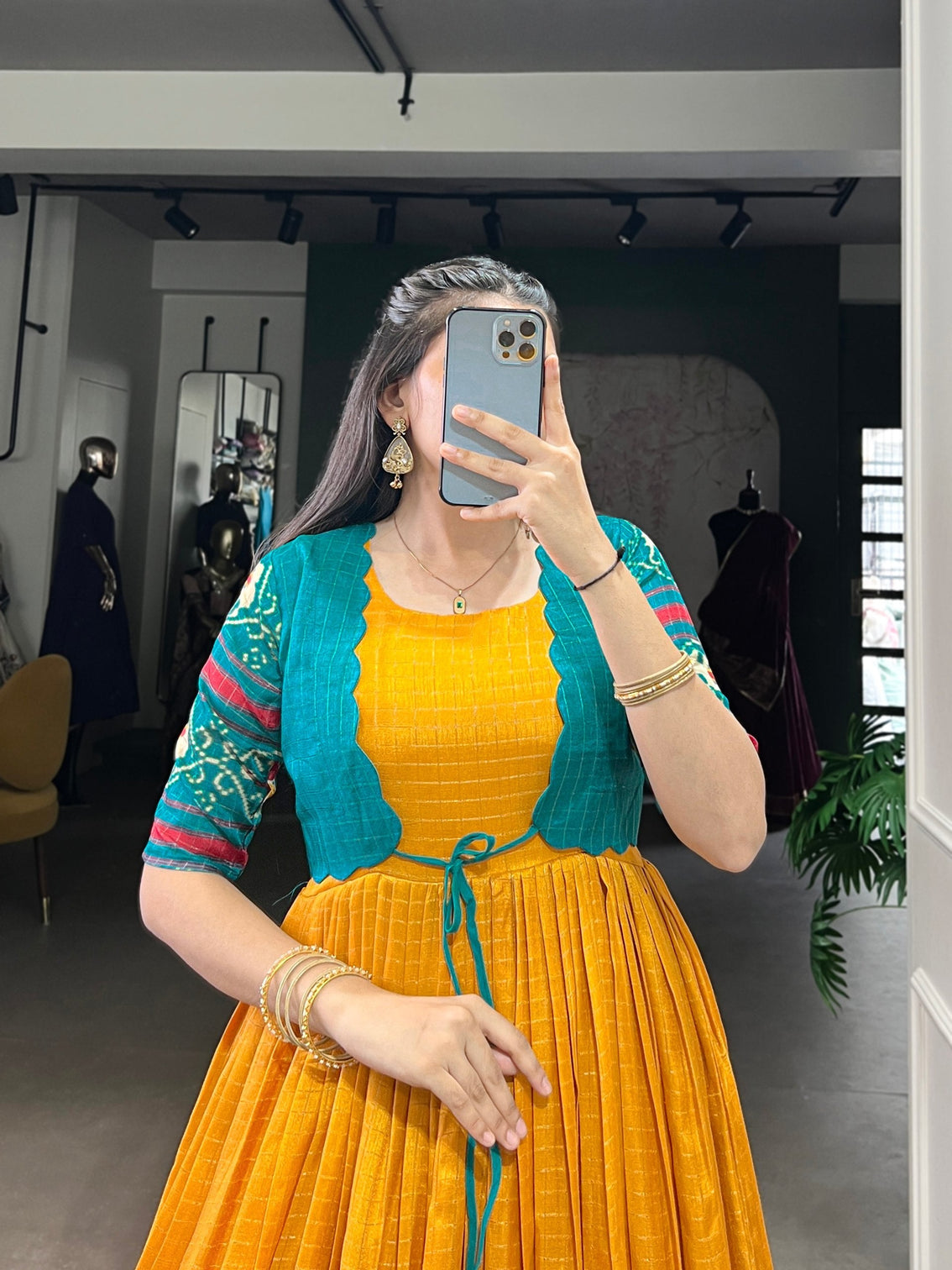 Mustard Patola Print Tasar Chex Gown with Matching Koti – Stitched Ethnic Wear Set with Weaving Border & Micro Cotton Lining