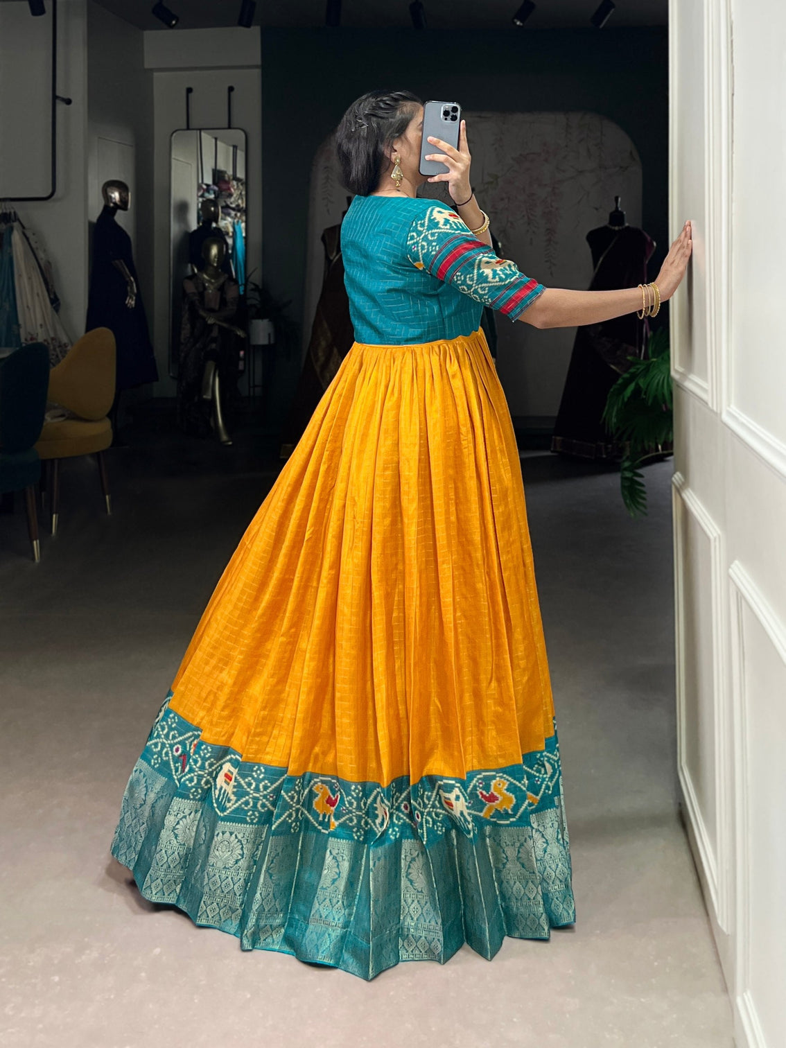 Mustard Patola Print Tasar Chex Gown with Matching Koti – Stitched Ethnic Wear Set with Weaving Border & Micro Cotton Lining