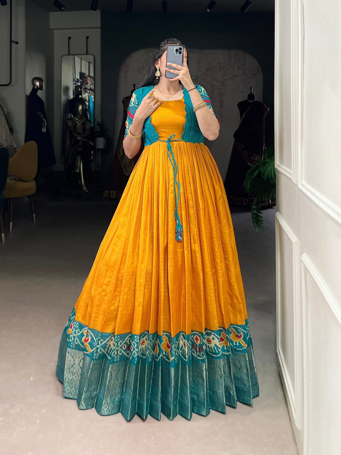 Mustard Patola Print Tasar Chex Gown with Matching Koti – Stitched Ethnic Wear Set with Weaving Border & Micro Cotton Lining