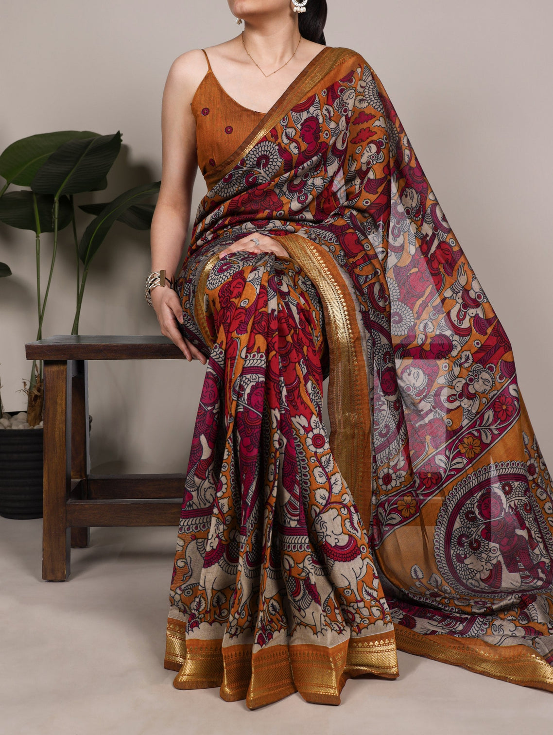 Mustard Polyester Kalamkari Print Saree