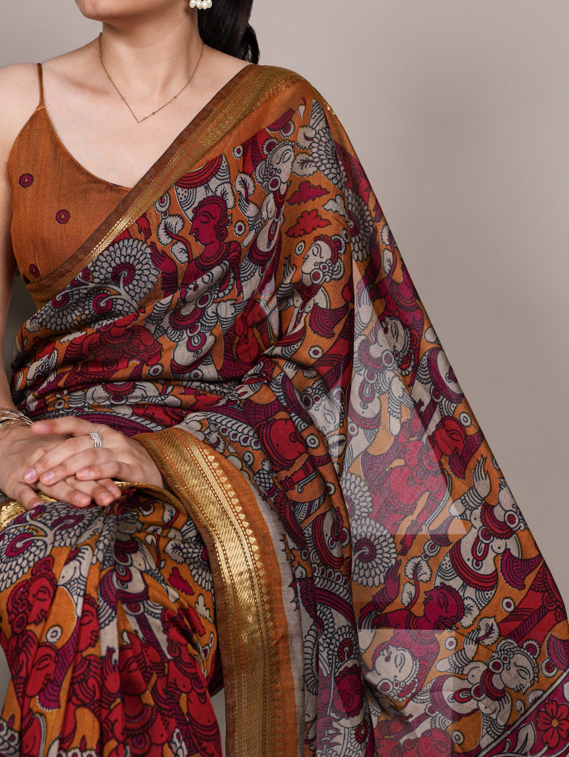 Mustard Polyester Kalamkari Print Saree