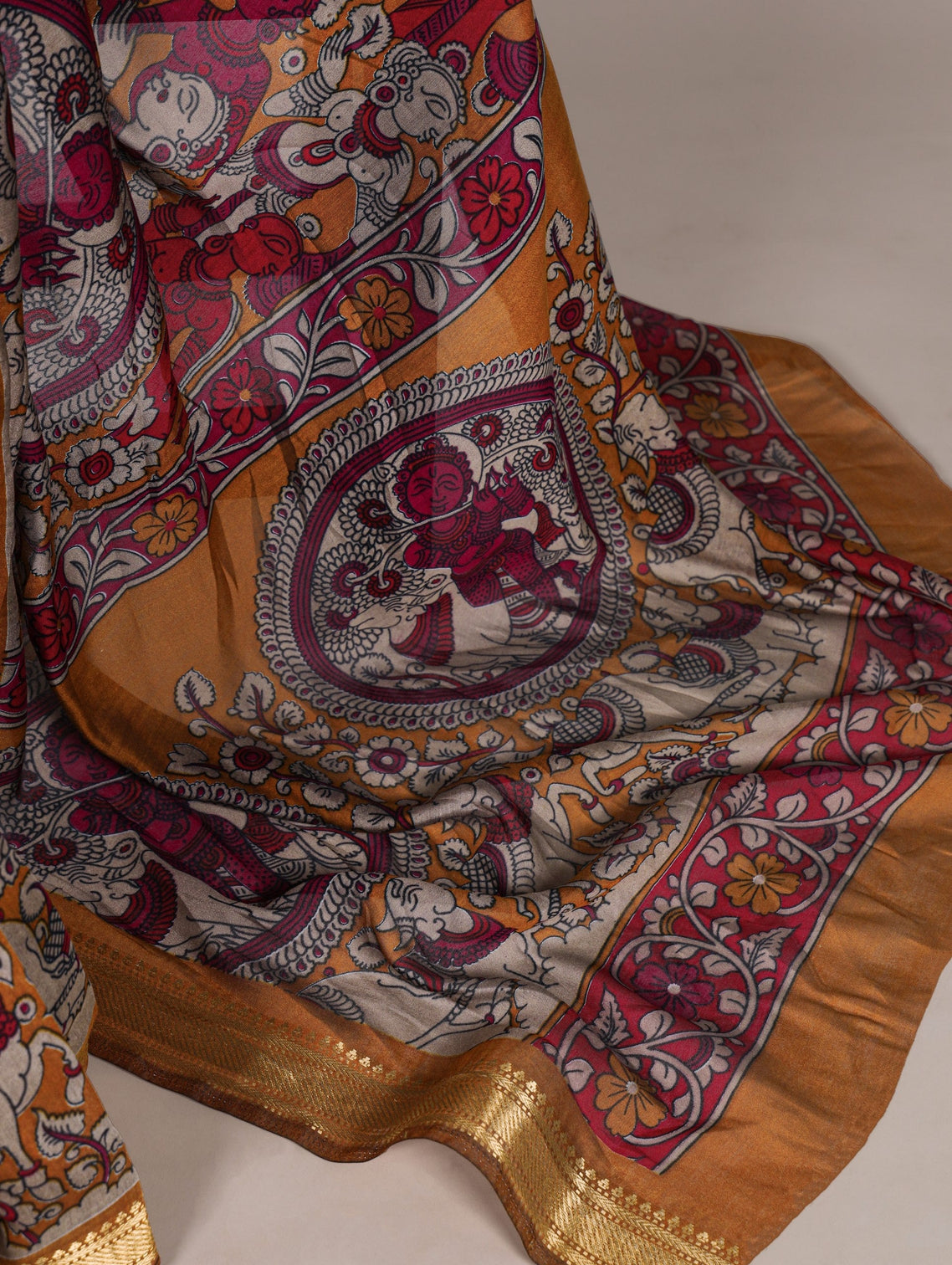 Mustard Polyester Kalamkari Print Saree
