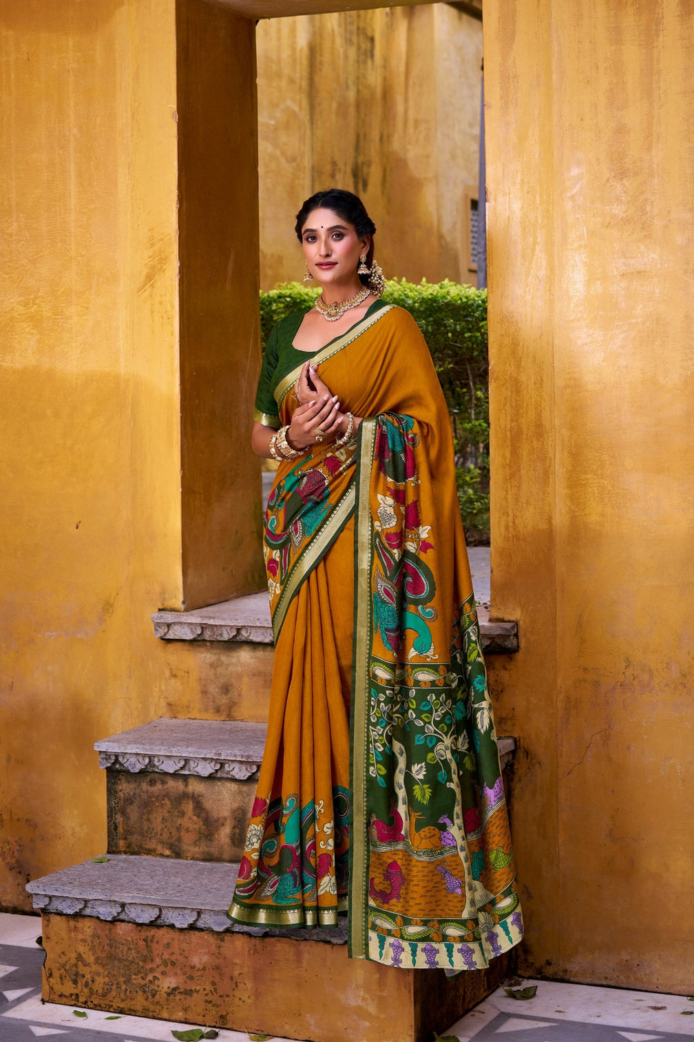 Mustard Polyester Viscose Chanderi Saree with Kalamkari Print & Zari Weaving