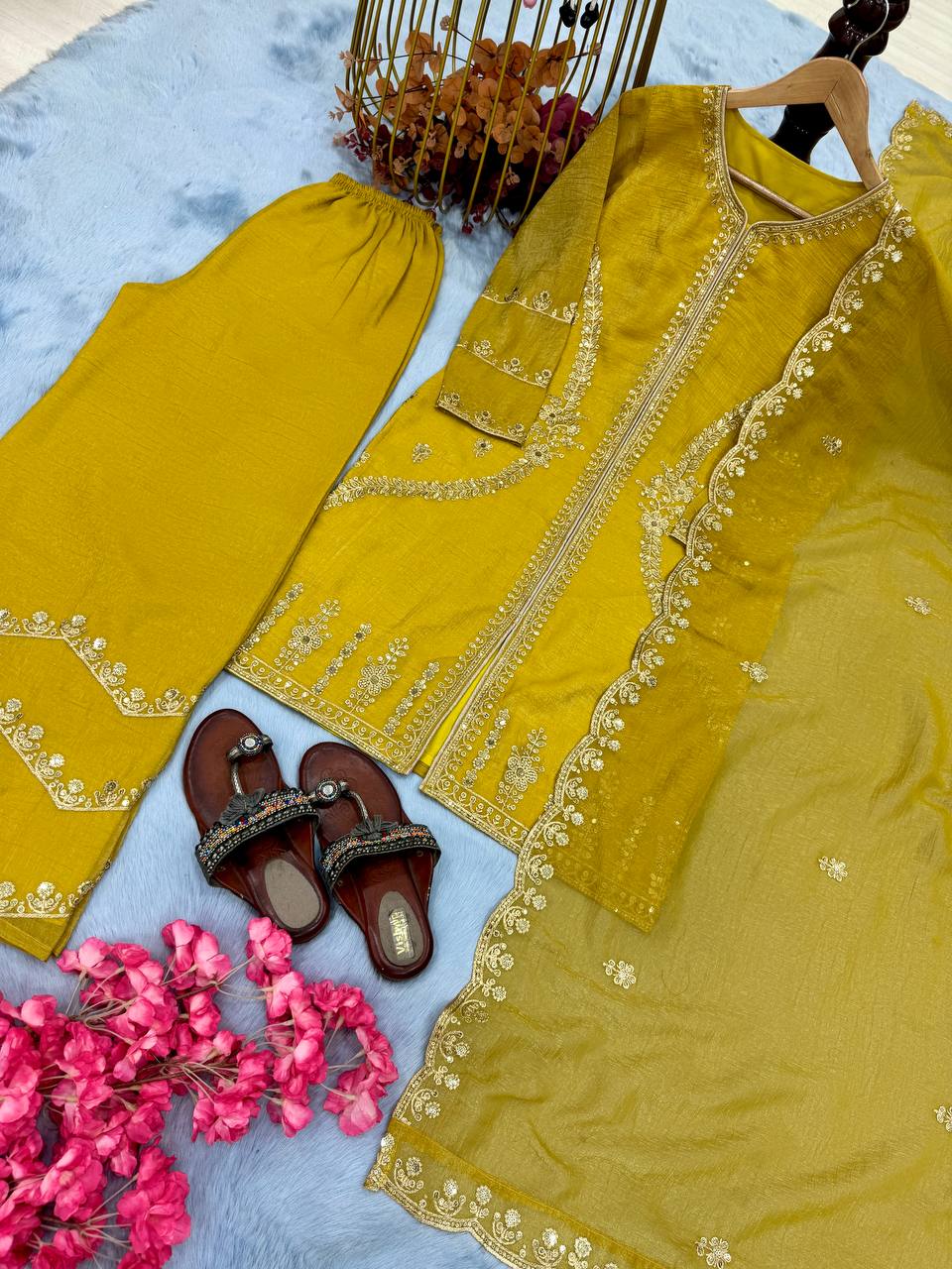 Mustard Premium Designer Readymade Top, Plazzo & Dupatta Collection – Party Wear Edition