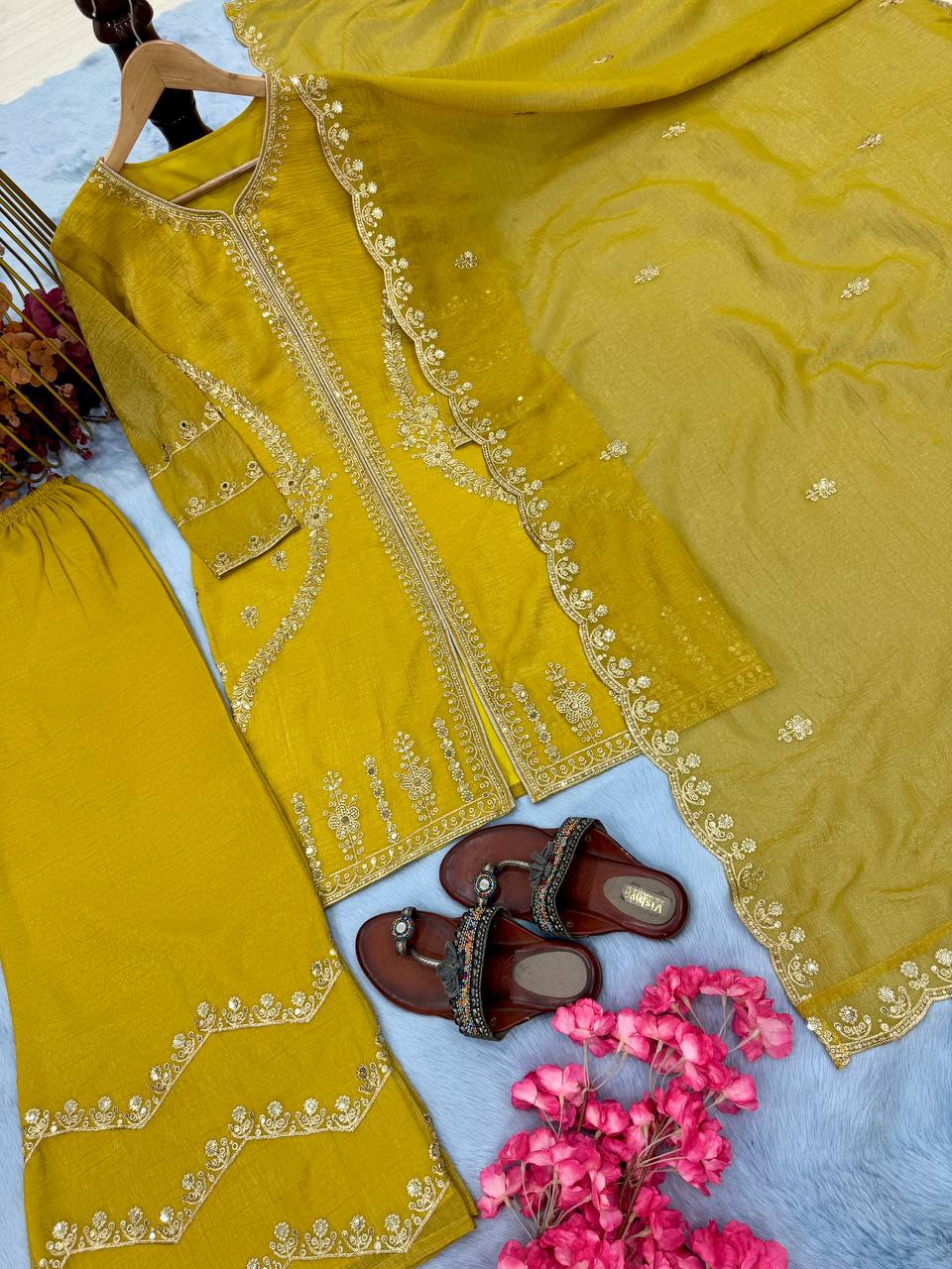 Mustard Premium Designer Readymade Top, Plazzo & Dupatta Collection – Party Wear Edition