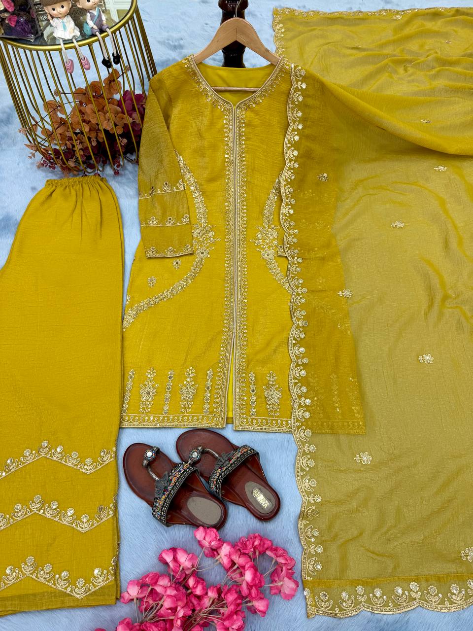 Mustard Premium Designer Readymade Top, Plazzo & Dupatta Collection – Party Wear Edition
