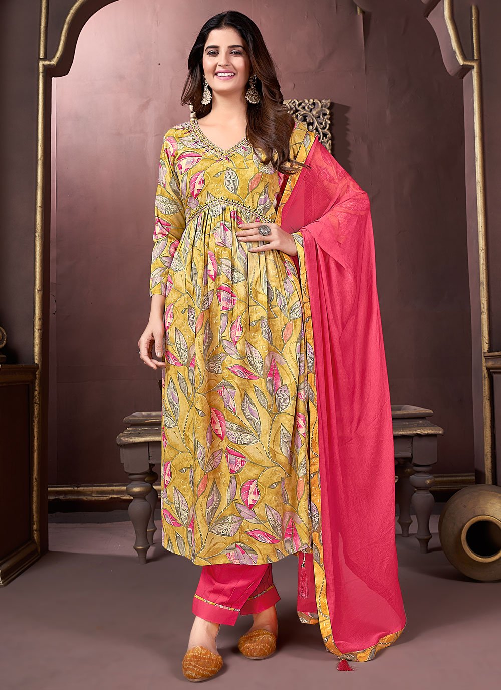 Mustard premium riyon hand work neck design kurti set for women