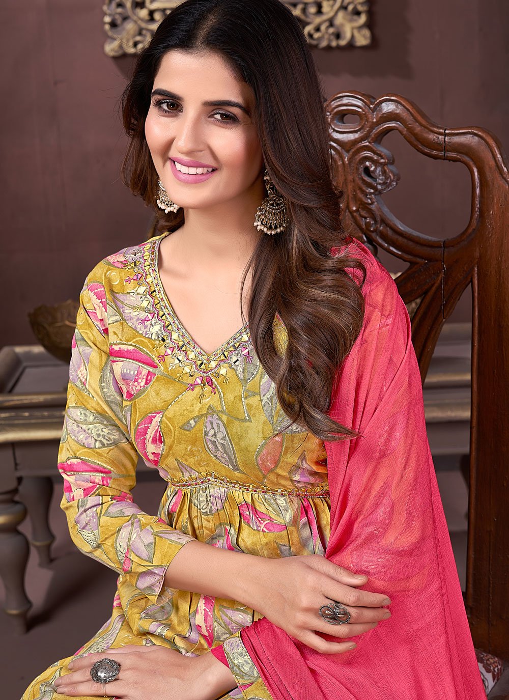 Mustard premium riyon hand work neck design kurti set for women