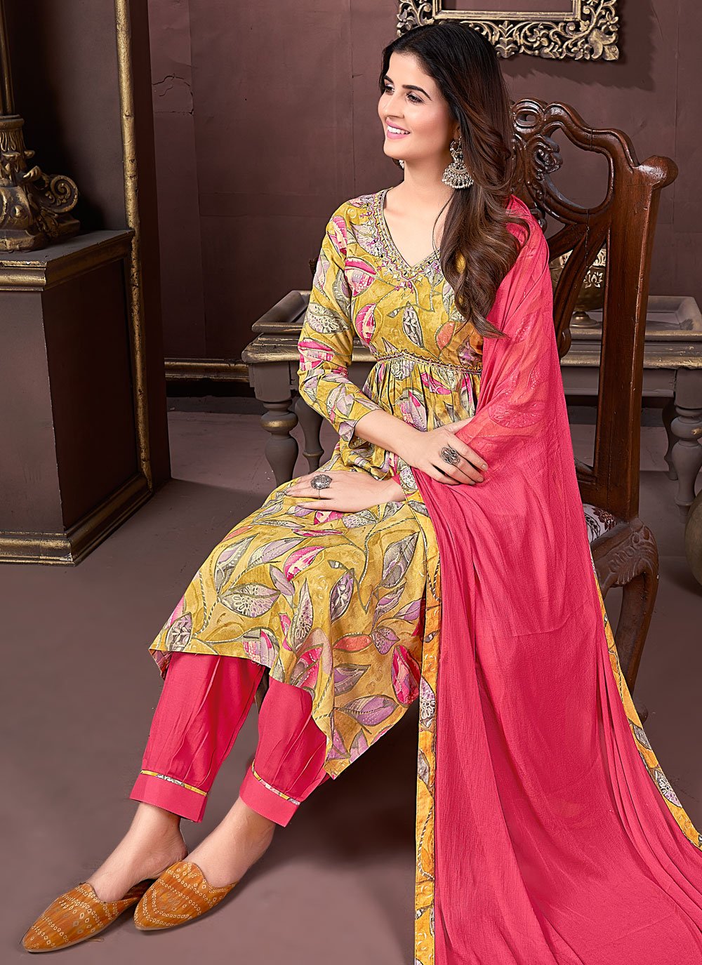 Mustard premium riyon hand work neck design kurti set for women
