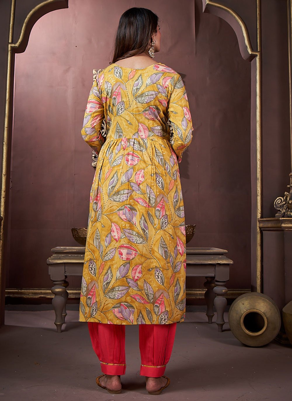 Mustard premium riyon hand work neck design kurti set for women