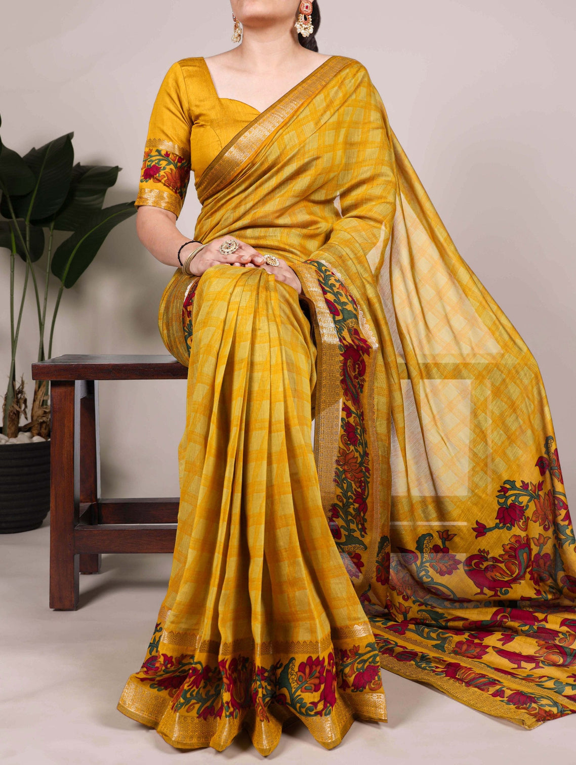 Mustard Printed Chanderi Saree with Zari Weaving Work Polyester Viscose