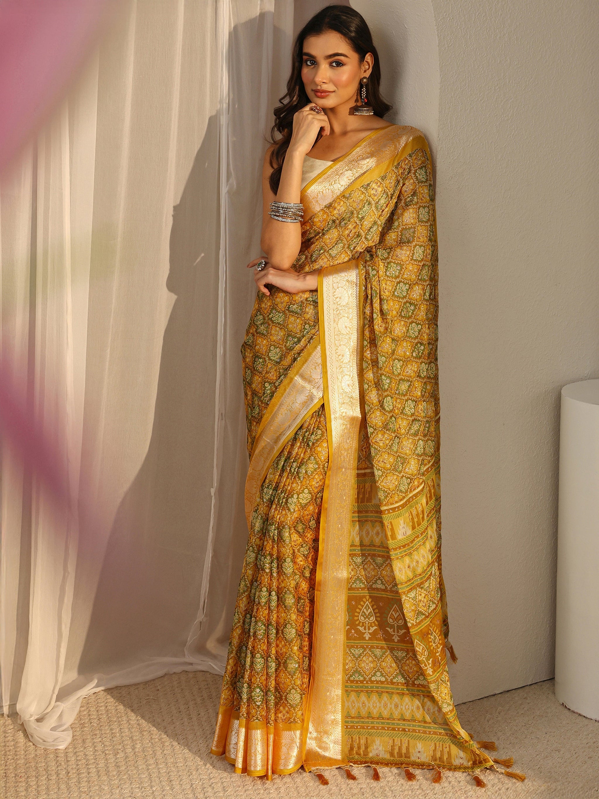 Libas Mustard Printed Chiffon Saree With Unstitched Blouse Piece