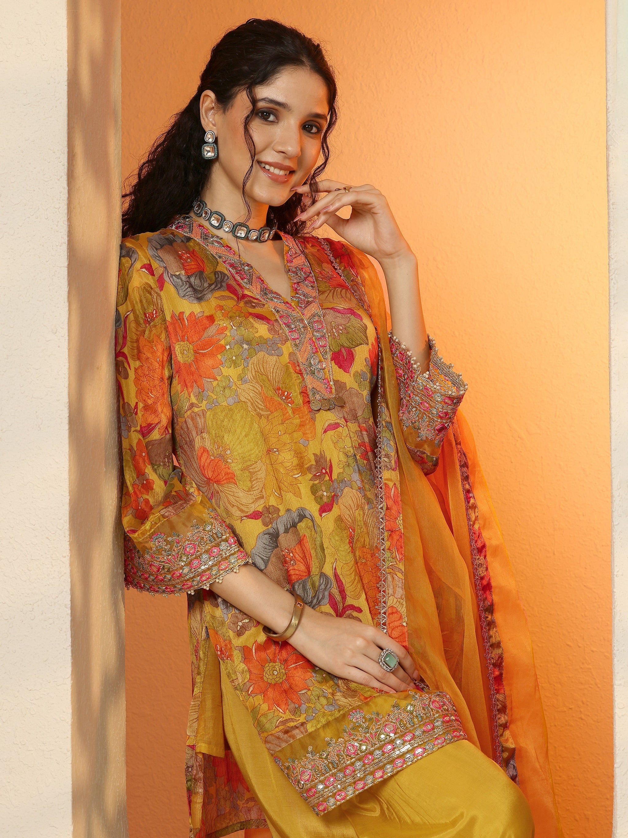 Libas Mustard Printed Chinon Straight Suit Set With Dupatta
