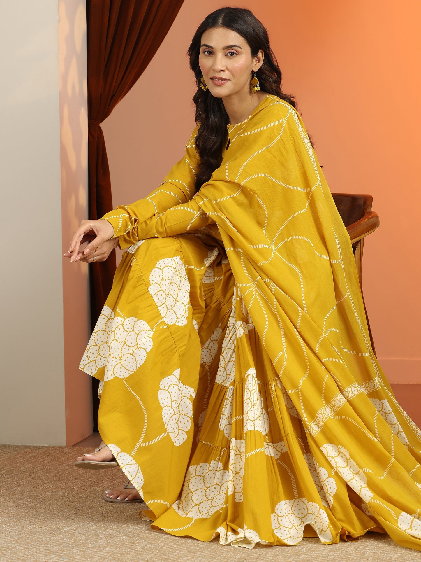 Libas Mustard Printed Cotton Anarkali Suit Set With Dupatta