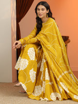 Libas Mustard Printed Cotton Anarkali Suit Set With Dupatta