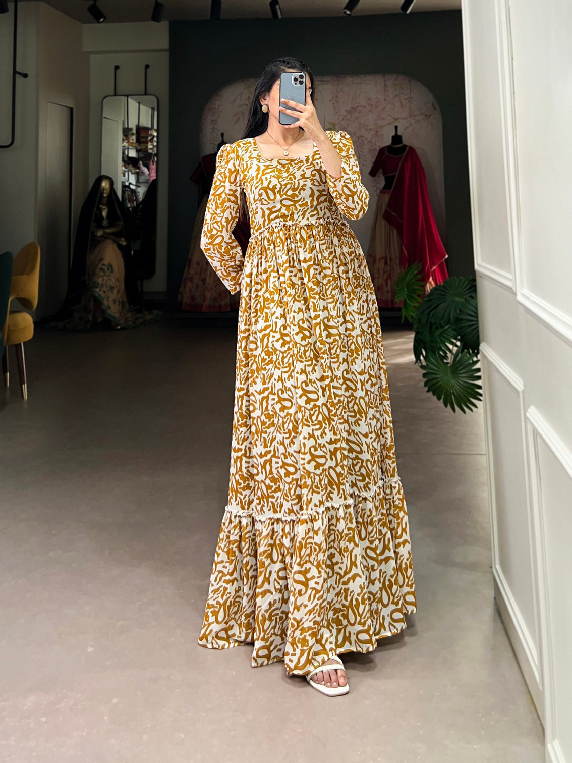 Mustard Printed Georgette Flowy Gown with Full Cotton Lining – Lightweight Elegance