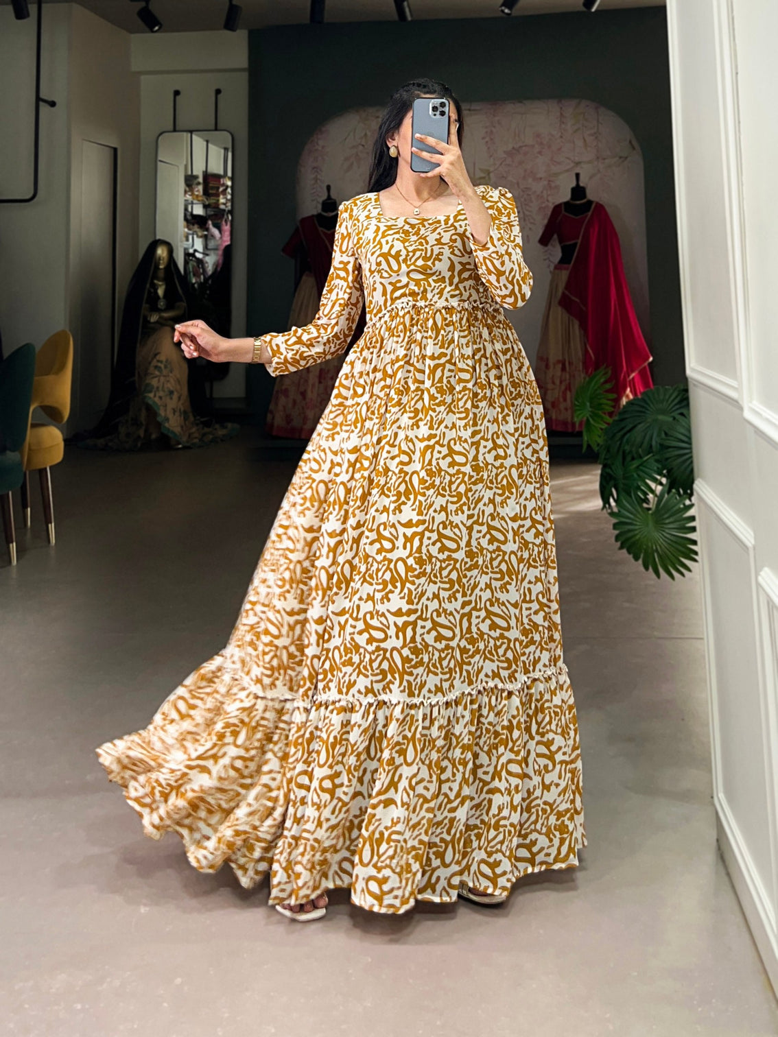 Mustard Printed Georgette Flowy Gown with Full Cotton Lining – Lightweight Elegance