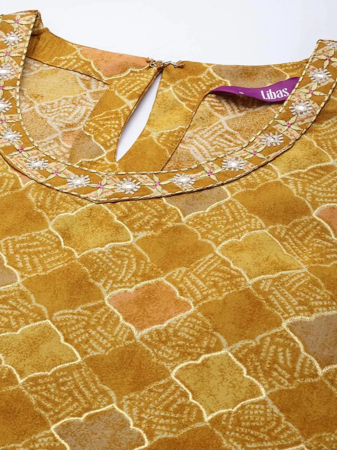 Mameraa Mustard Printed Silk Blend Straight Kurta With Trousers