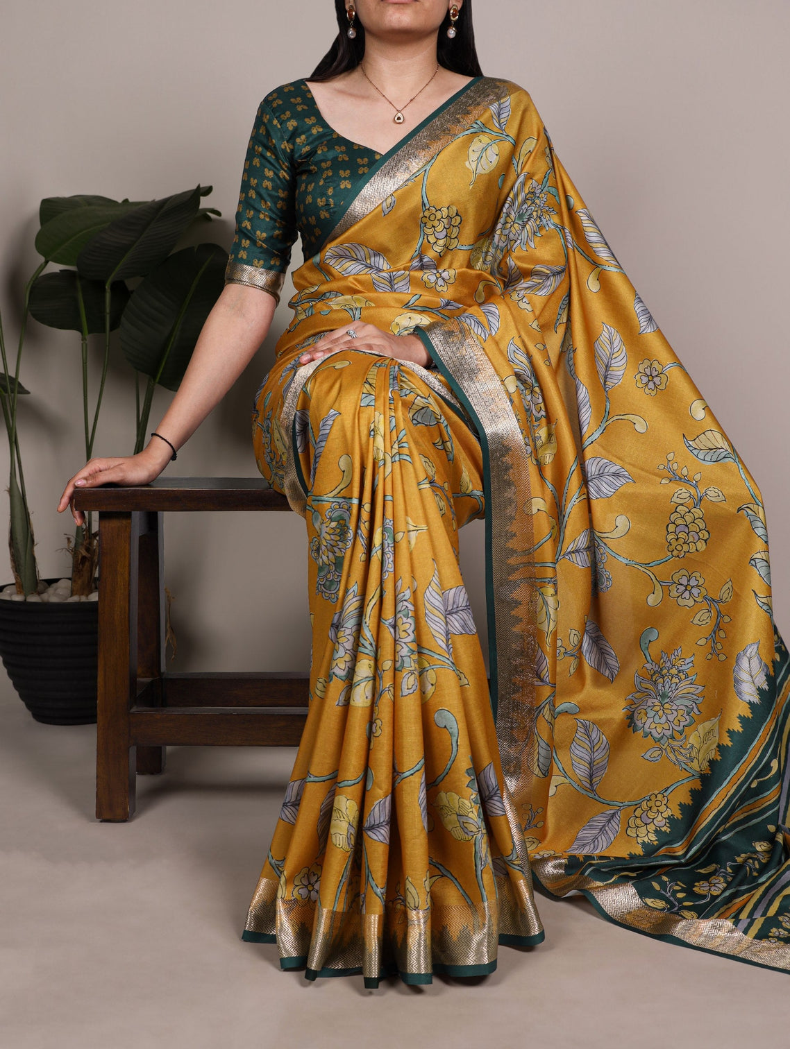 Mustard Printed Tasar Silk Saree