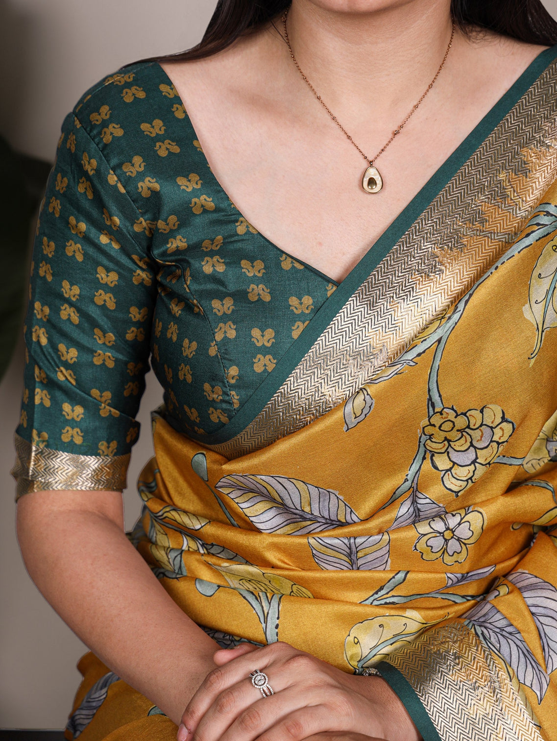 Mustard Printed Tasar Silk Saree
