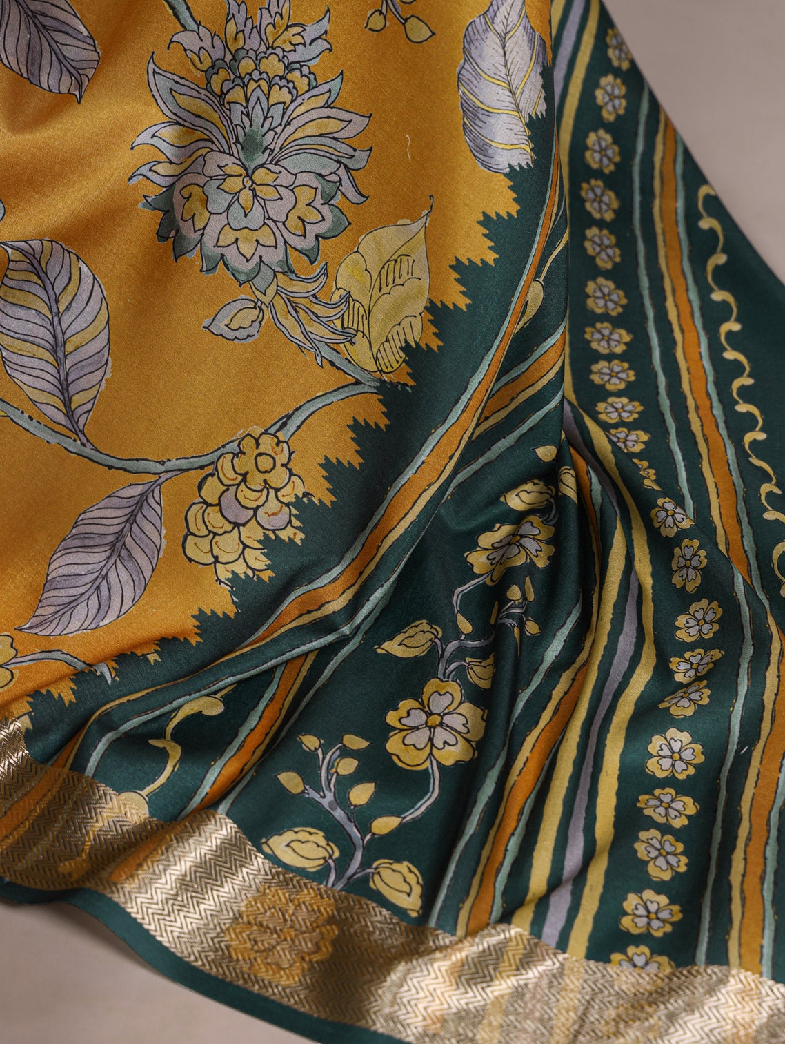 Mustard Printed Tasar Silk Saree