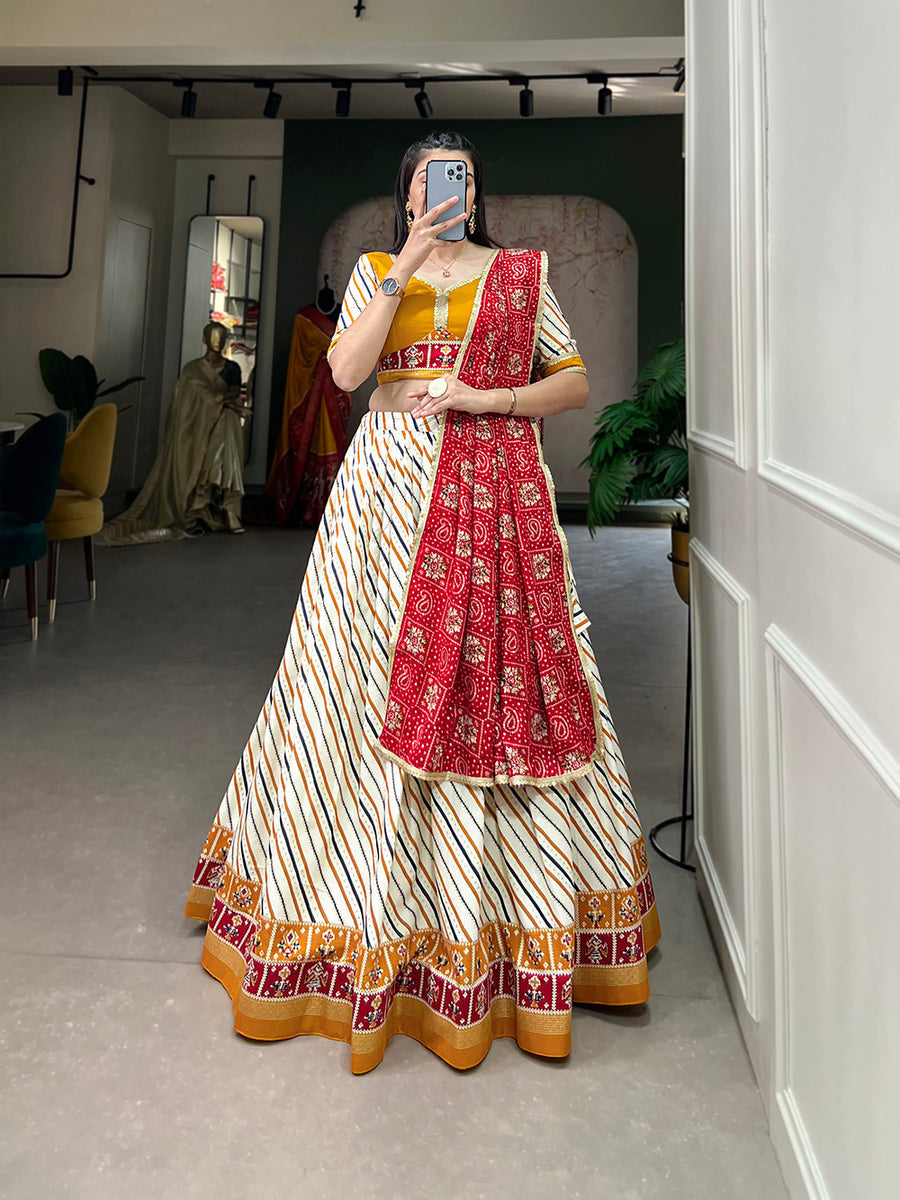 Mustard Pure Cotton Lehenga Choli Set with Laheriya Print