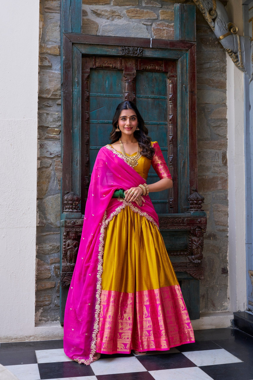 Mustard Royal Narayan Pattu Zari Weaving Lehenga Set