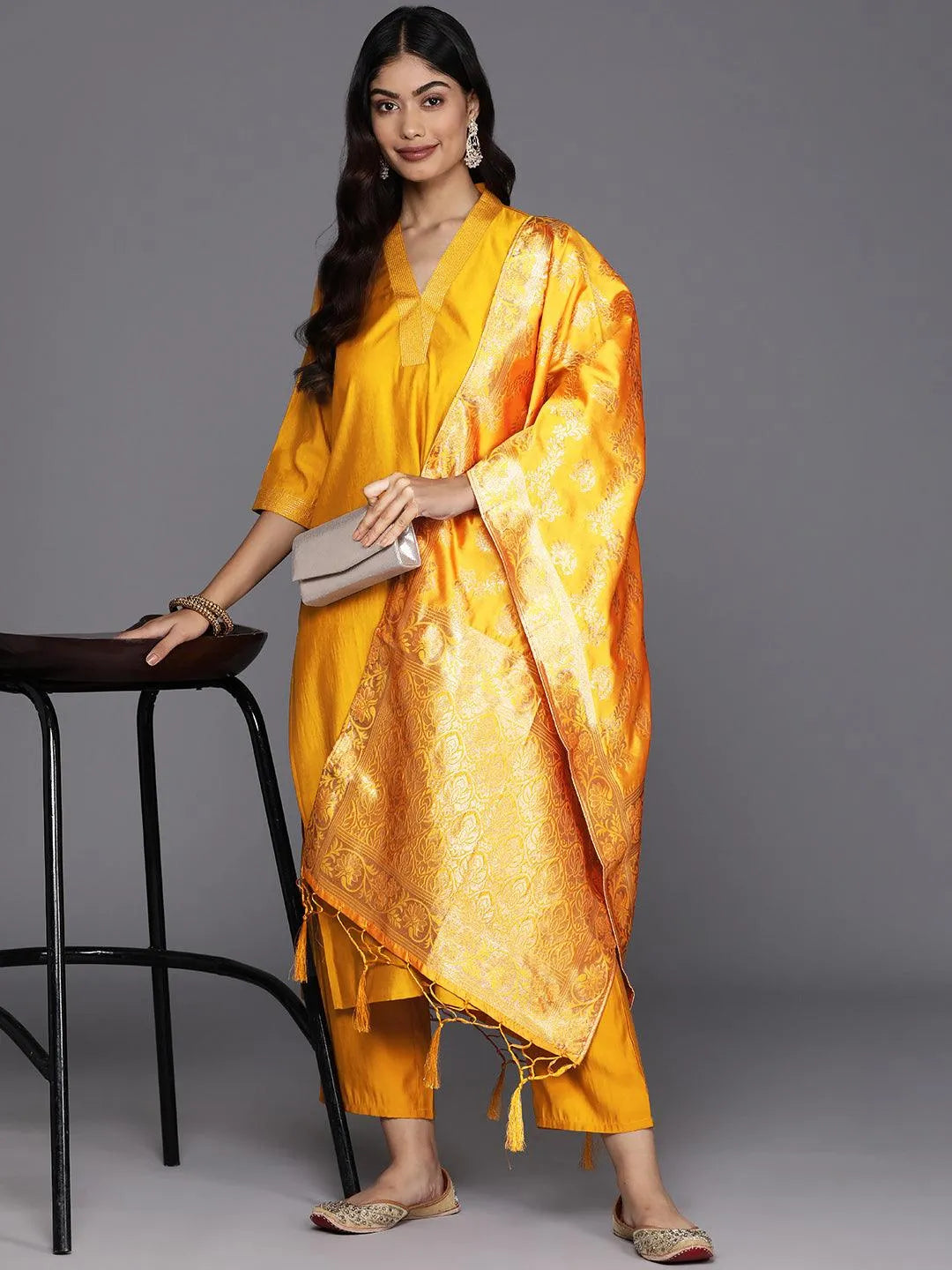 Mameraa Mustard Solid Straight Suit With Dupatta