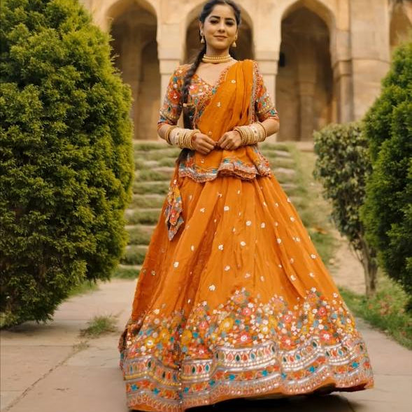 Mustard Stylish Faux Georgette Lehenga Choli Set with Sequin Embroidery & Side Zip Closure – With Dupatta