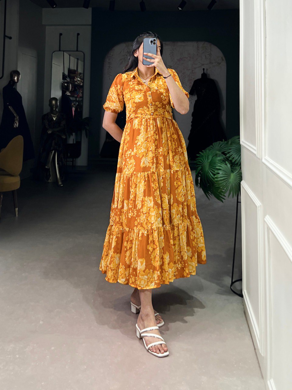 Mustard Sun-Kissed Elegance Floral Georgette Frock