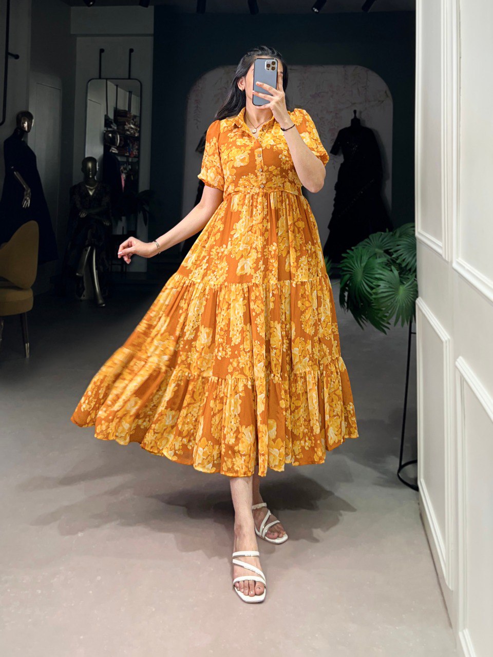 Mustard Sun-Kissed Elegance Floral Georgette Frock