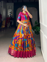 Mustard Tasar Silk Kalamkari Print Stitched Gown with Zari Weaving Koti – Full Flair Party Wear Gown Set for Women