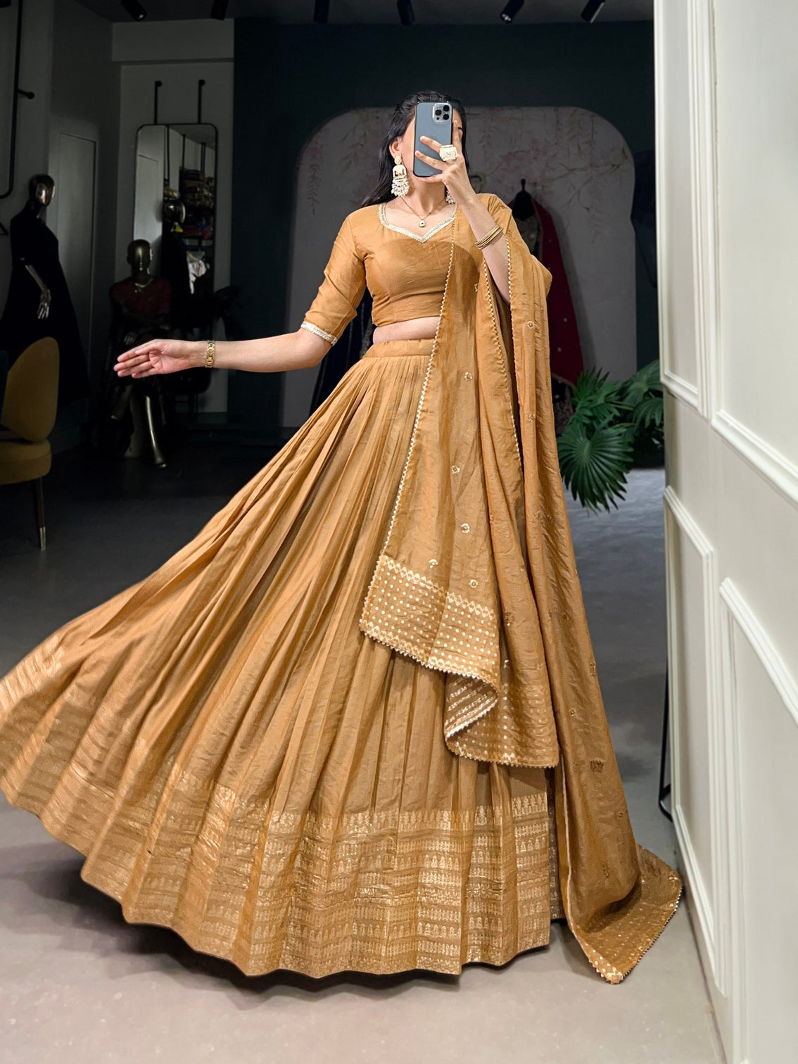Mustard Timeless Elegance – Pure Chanderi Lehenga Set with Zari Border & Sequin Embellished Dupatta