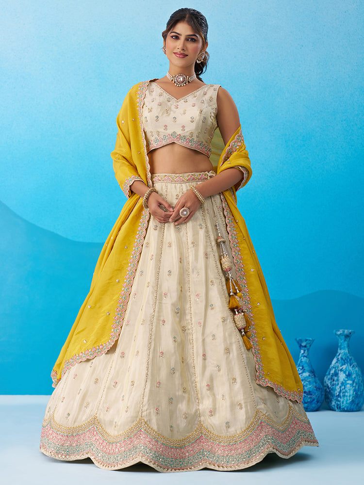 Tissue Sequins Embroidered Semi-Stitched Lehenga & Unstitched Blouse With Dupatta