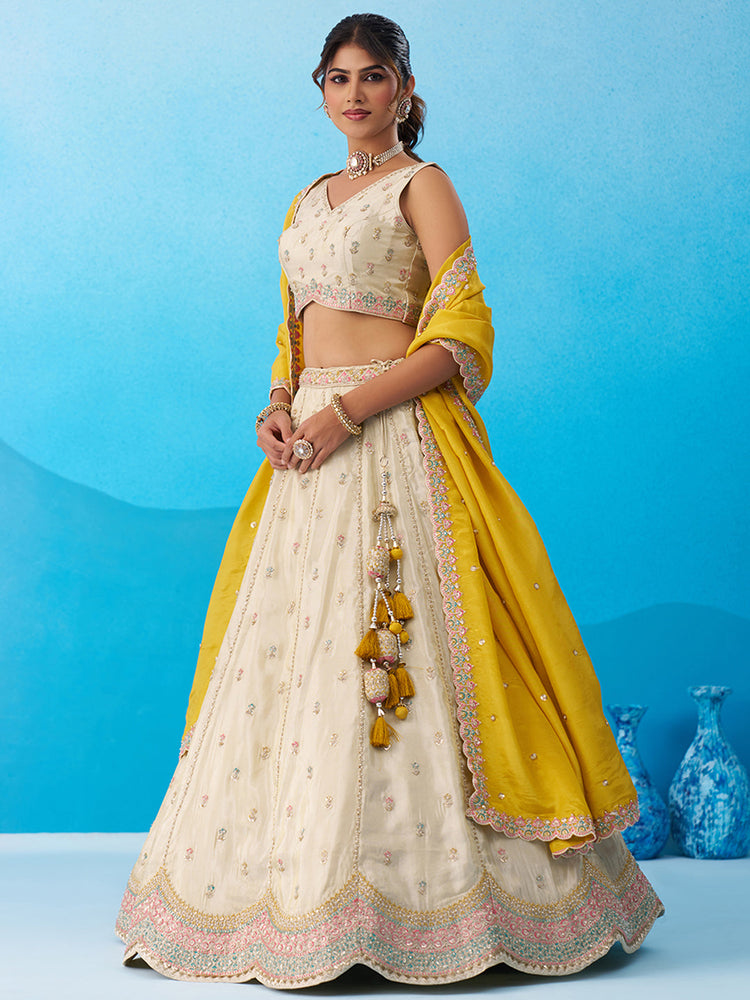 Tissue Sequins Embroidered Semi-Stitched Lehenga & Unstitched Blouse With Dupatta