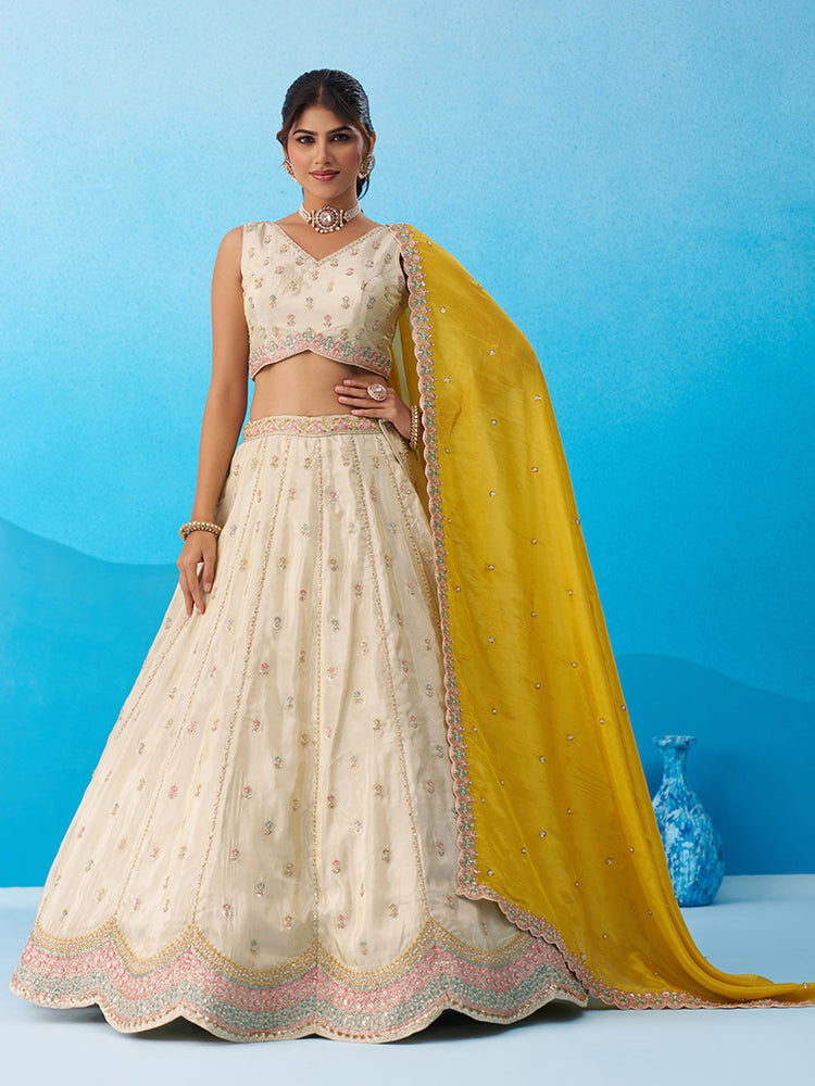 Tissue Sequins Embroidered Semi-Stitched Lehenga & Unstitched Blouse With Dupatta
