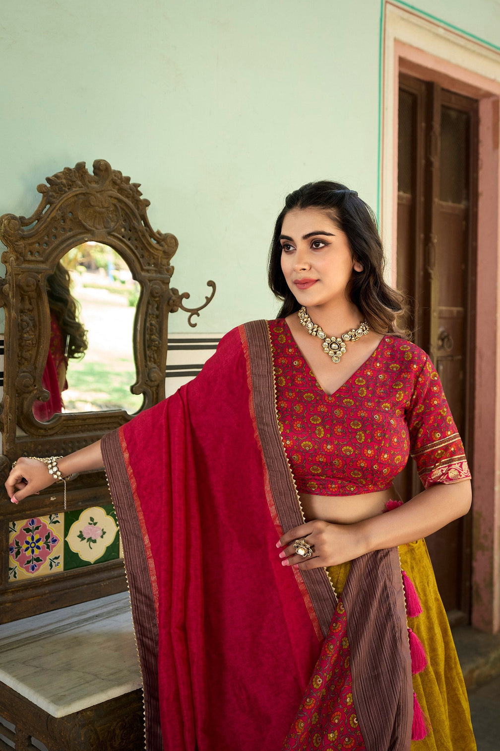 Mustard Tussar Silk Lehenga Choli with Stunning Kashmiri Foil Print - Perfect for Weddings & Festivals