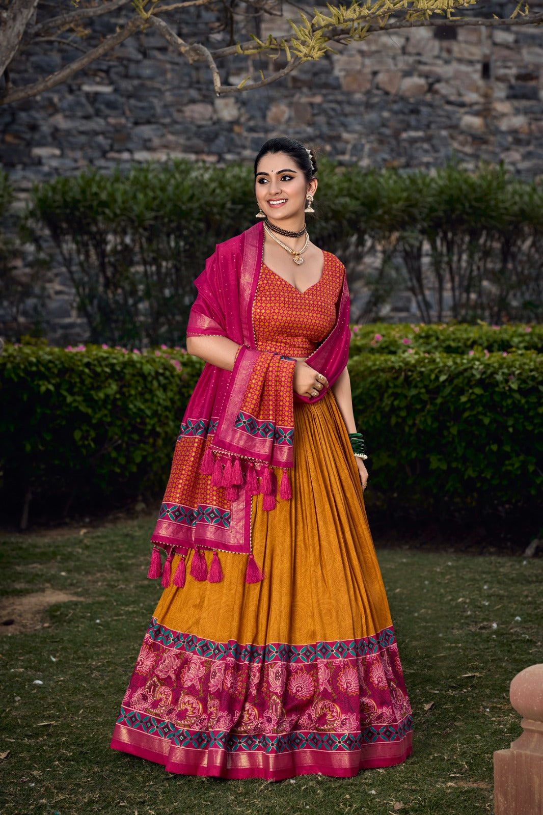 Mustard Tussar Silk Lehenga Choli with Exquisite Foil Print Florals