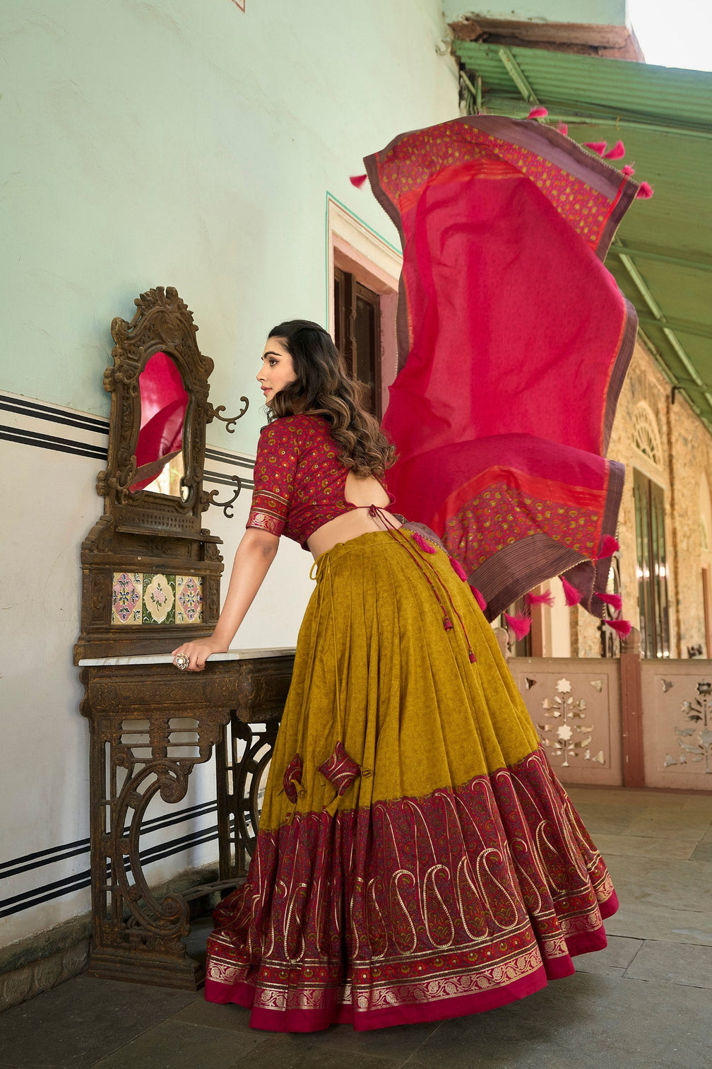 Mustard Tussar Silk Lehenga Choli with Stunning Kashmiri Foil Print - Perfect for Weddings & Festivals