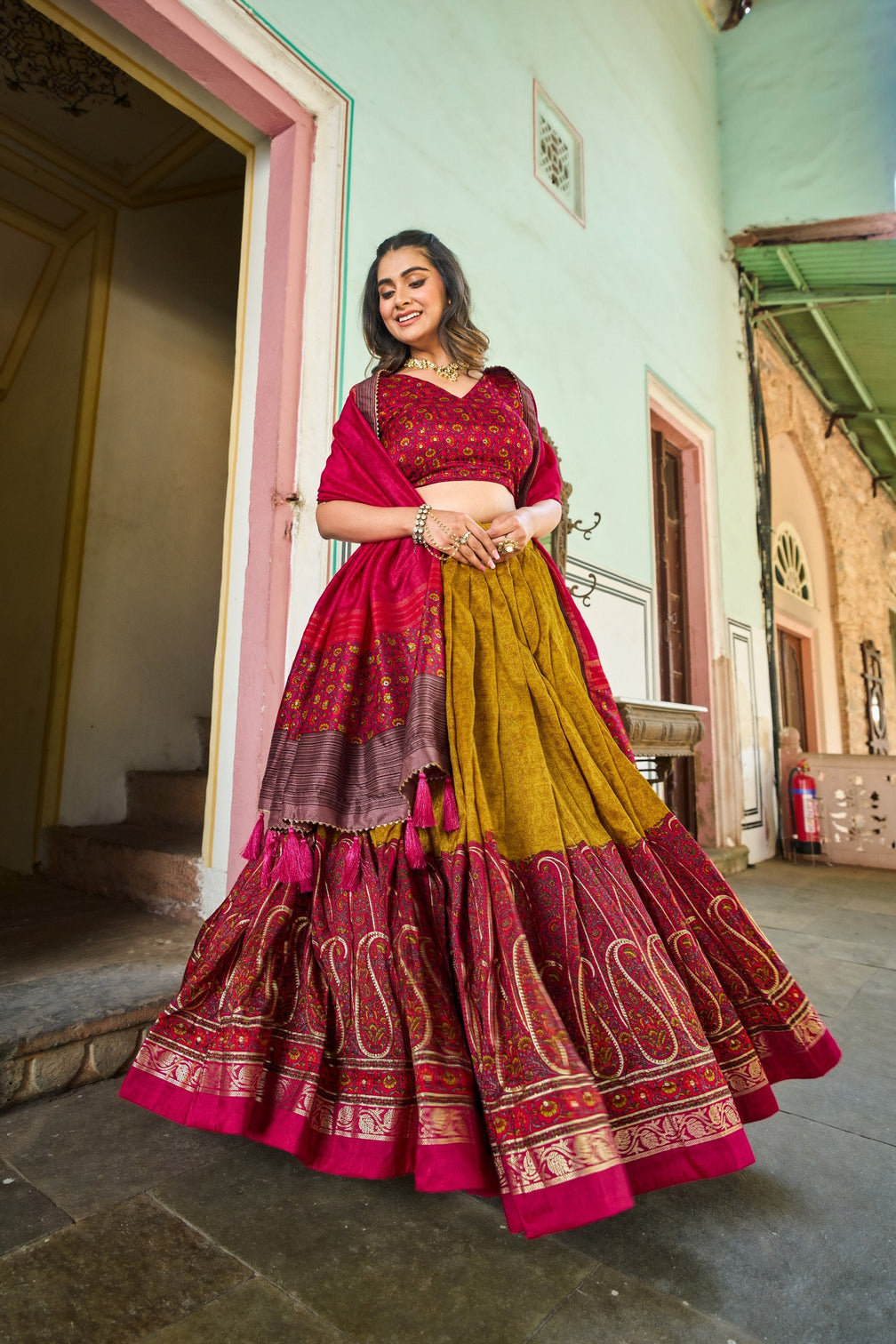 Mustard Tussar Silk Lehenga Choli with Stunning Kashmiri Foil Print - Perfect for Weddings & Festivals