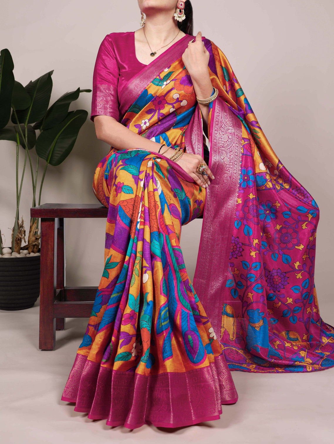 Mustard Tussar Silk Printed Saree with Zari Weaving Work & Viscose Border Blouse