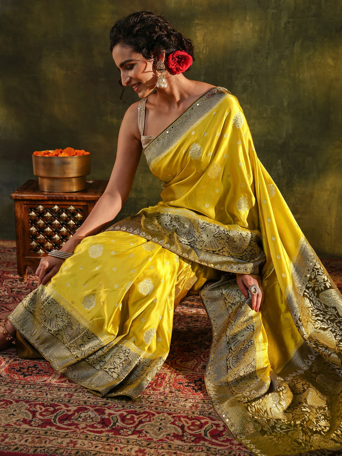 Mameraa Mustard Woven Design Satin Banarasi Saree With Unstitched Blouse Piece