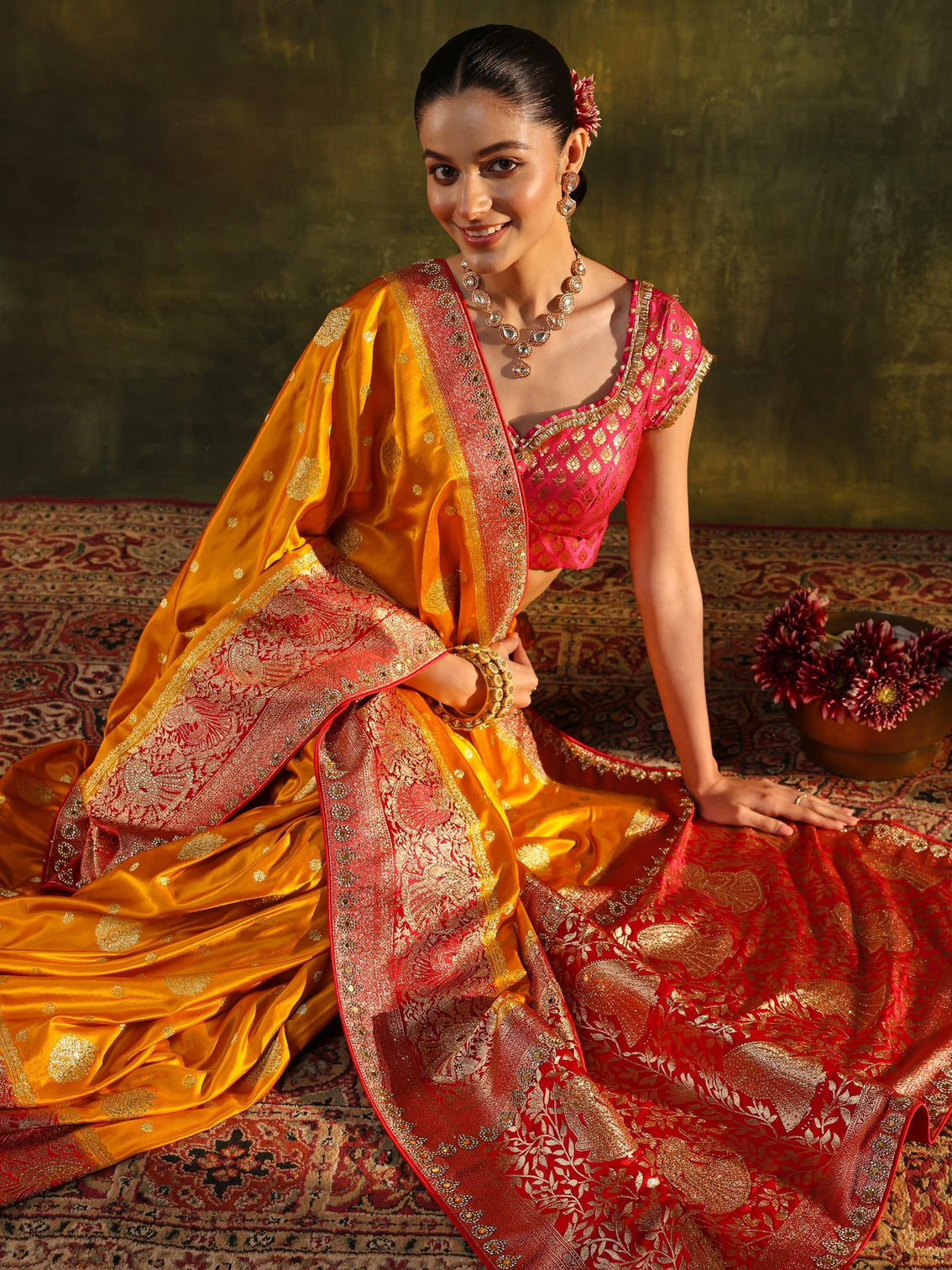 Mameraa Mustard Woven Design Satin Banarasi Saree With Unstitched Blouse Piece