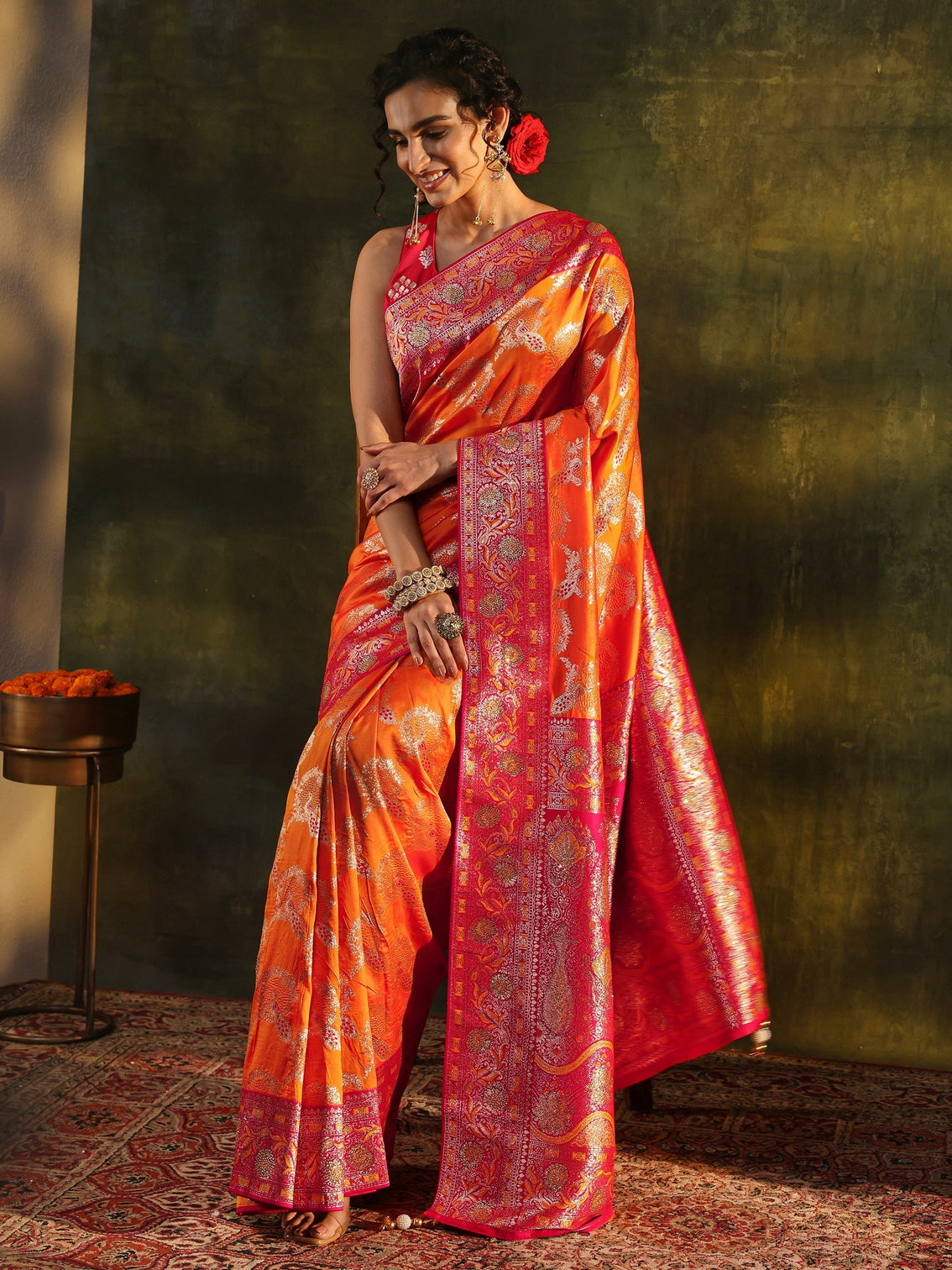 Mameraa Mustard Woven Design Silk Blend Banarasi Saree With Unstitched Blouse Piece
