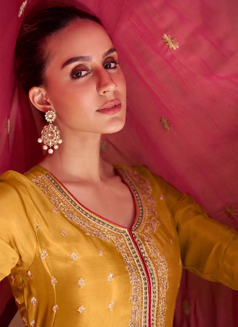 Mustard Yellow Elegant Embroidered Chinon Suit Set with Dupatta