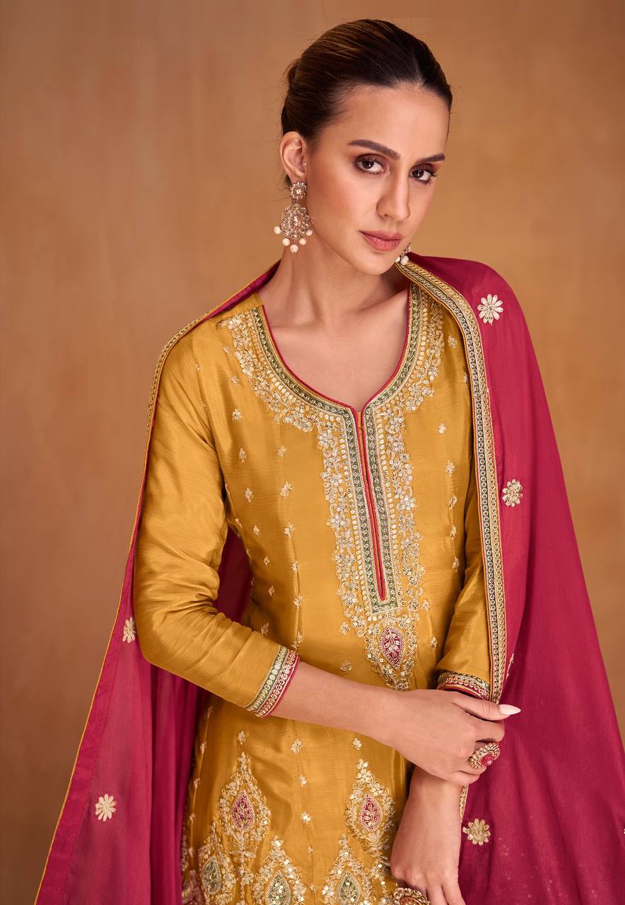 Mustard Yellow Elegant Embroidered Chinon Suit Set with Dupatta