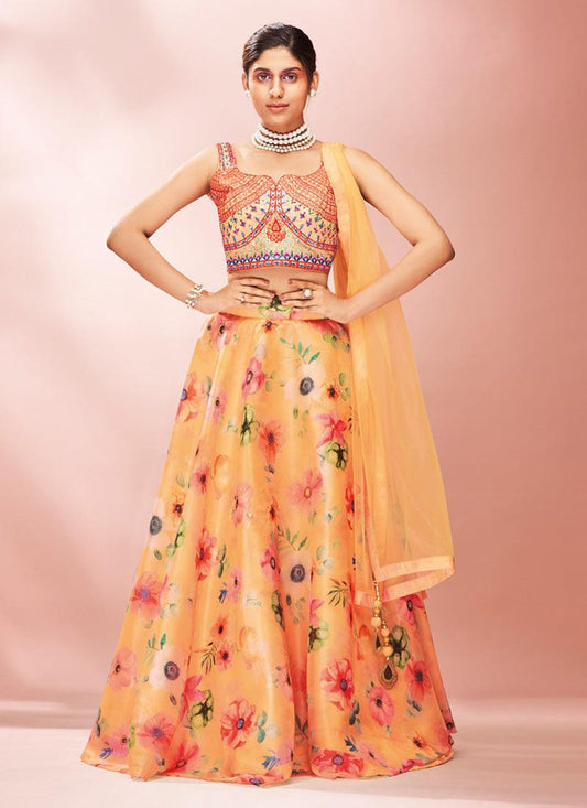 Mustard Yellow Organza Base Printed Lehenga Choli With Mirror Work