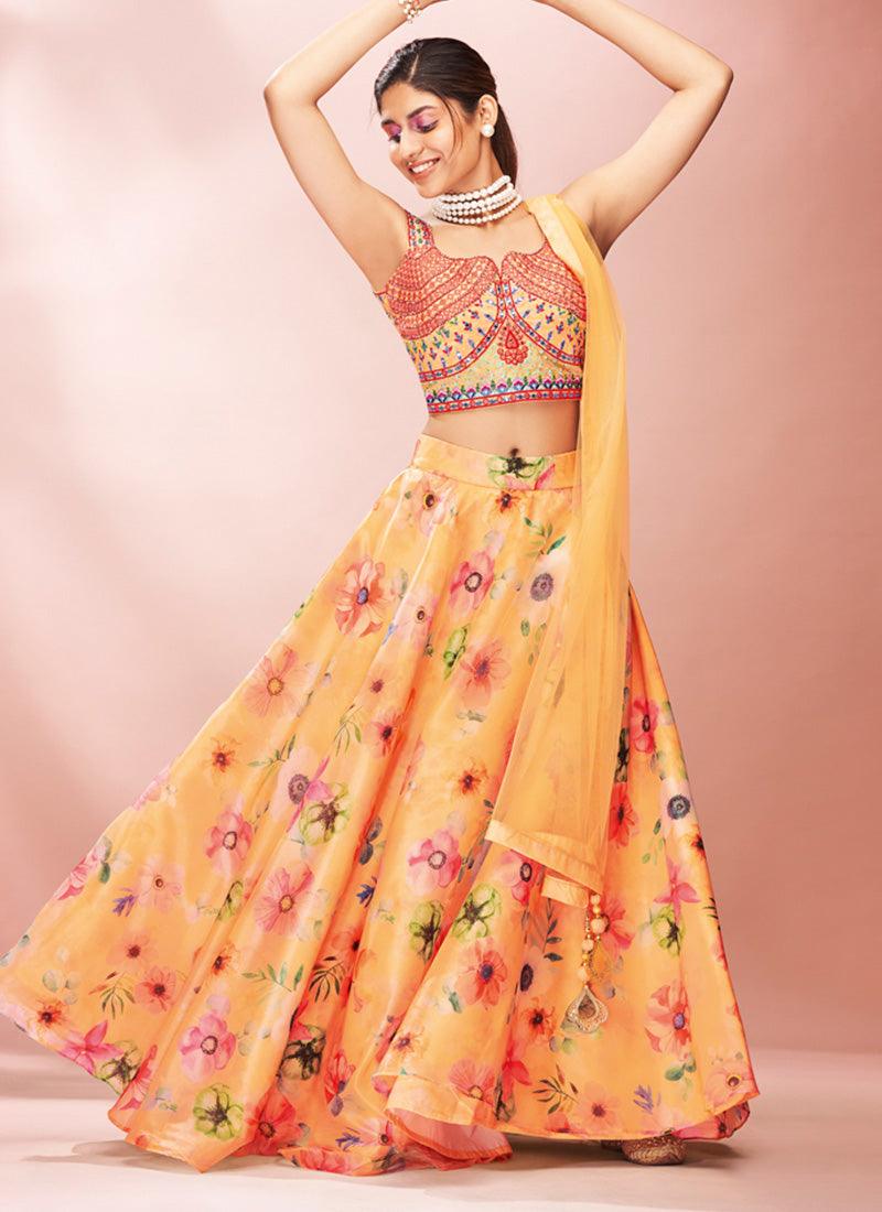 Mustard Yellow Organza Base Printed Lehenga Choli With Mirror Work