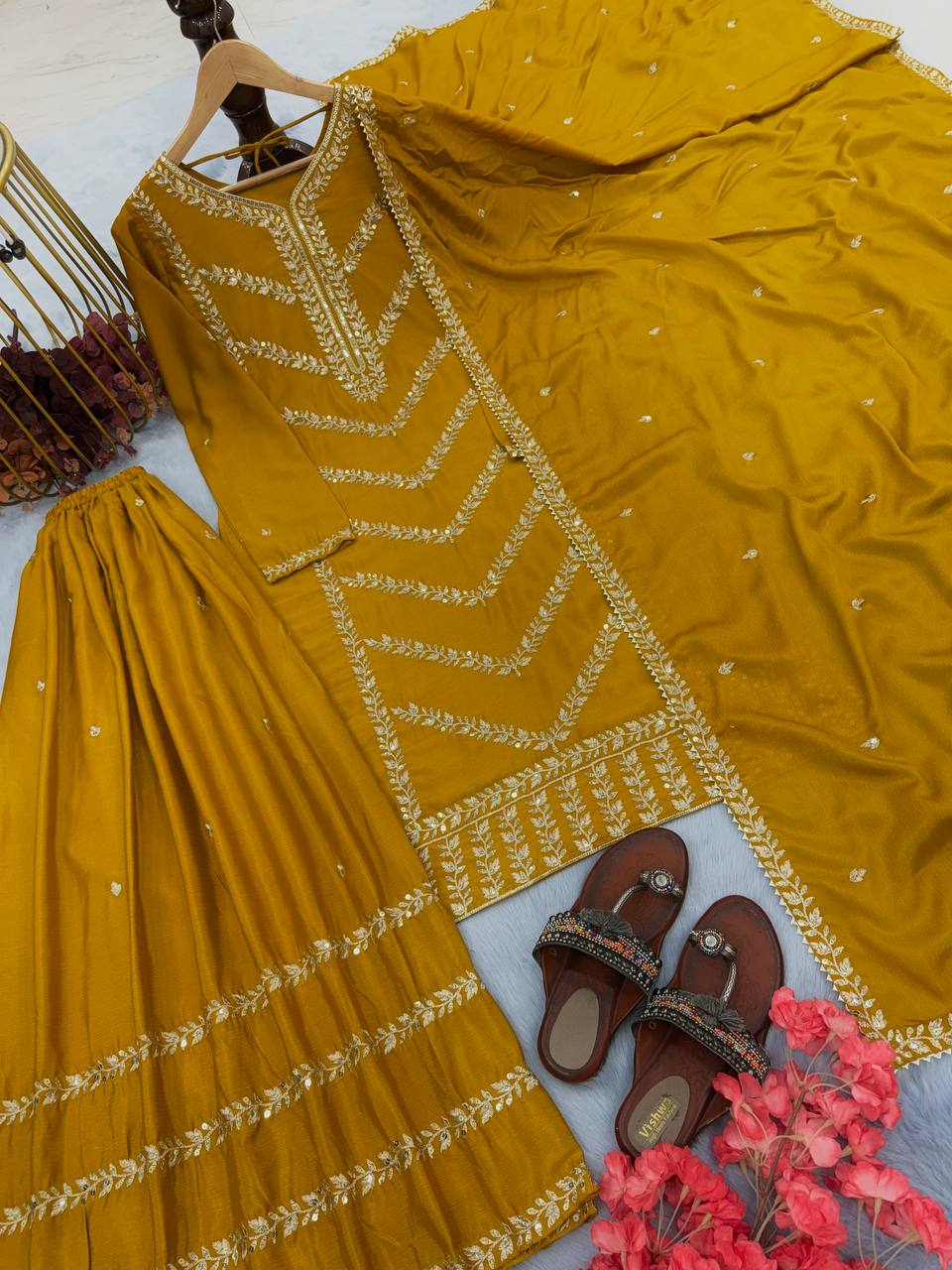 Mustard Yellow Premium Designer Readymade Top, Plazzo & Dupatta Set – Party Wear Collection